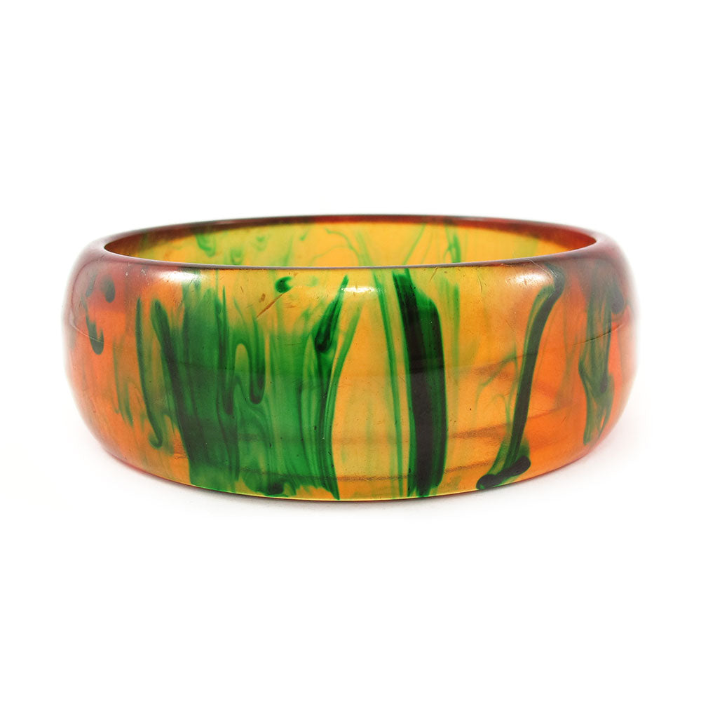 Vintage Dripping Paint Bakelite Bangle - Translucent c.1950's - Translucent Apple Juice Yellow + Forest Green