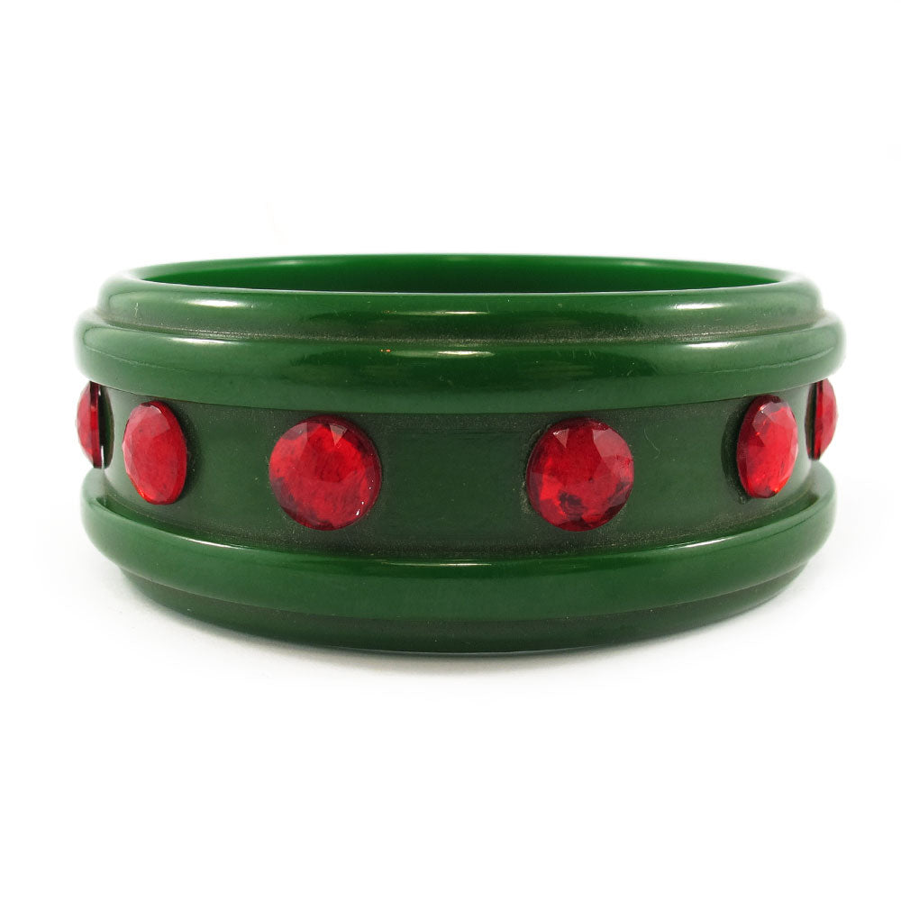 Vintage green Bakelite bangle with red crystal details c.1950's