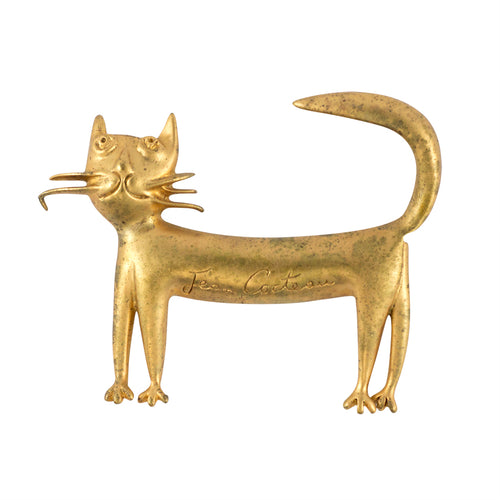 Vintage Signed Jean Cocteau Interesting Gold Plated Cat Brooch - 1997