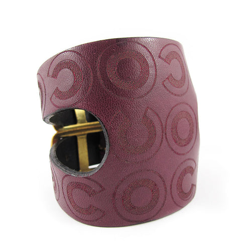 Vintage Signed Chanel Maroon Leather & Gold Buckle Cuff c. 2001