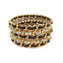 Load image into Gallery viewer, Vintage Unsigned &quot;Chanel&quot; Classic Goldtone Black &amp; White Leather Bangle Set c. 1990