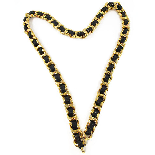 Vintage Chanel Signature Chain- Black Leather Signed Belt c. 1990's