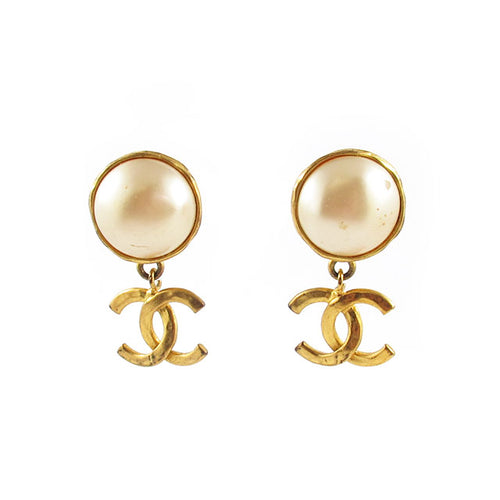 Vintage Signed Chanel Faux Pearl Earrings with Drop Logo c. 1980's
