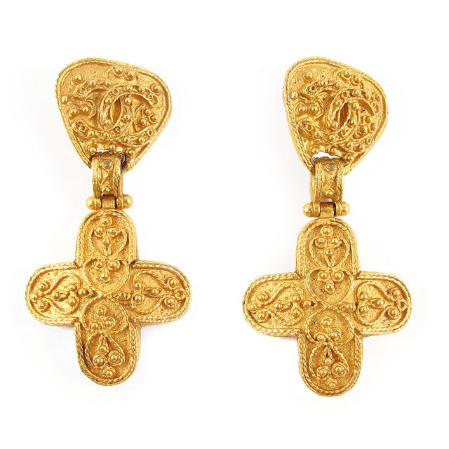 Vintage Signed Chanel Etruscan Style Cross Earrings c. 1990's