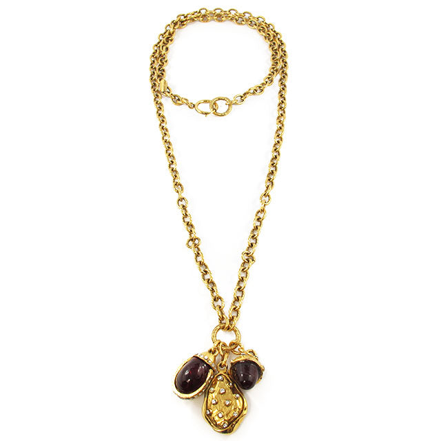 Vintage Signed Chanel Gripox, Rhinestone & Gold Tone Chain Pendant Necklace c. 1970's