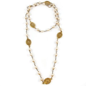 Vintage Signed Chanel Faux Pearl & Oval Coin Beads Necklace c. 1970's