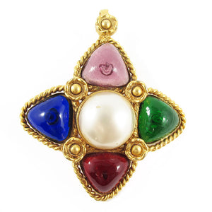 Vintage Signed "Chanel" Multi Coloured Gripoix Pendant with Faux Pearl Detail c. 1980
