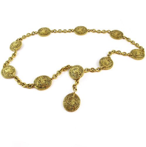 Vintage Signed 'Chanel' Gold Tone Pendant Belt c. 1980's