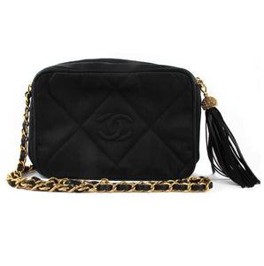 Vintage Chanel Black Sating and Leather Evening Bag with Classic Chain and Rhinestone Tassel Detail c. 1980