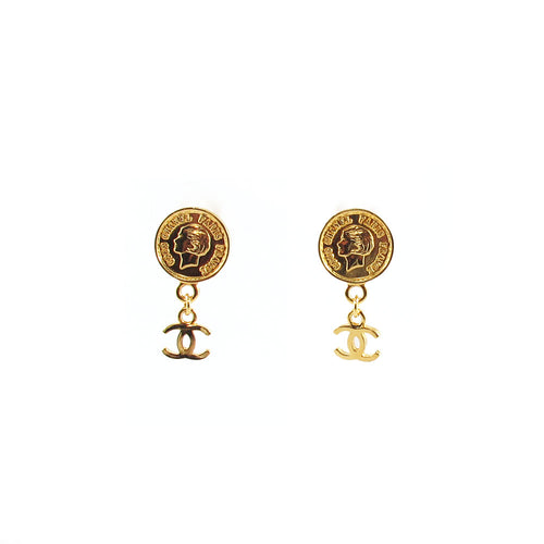 Vintage Signed Chanel Small Coin and Logo Drop Earrings c. 1996