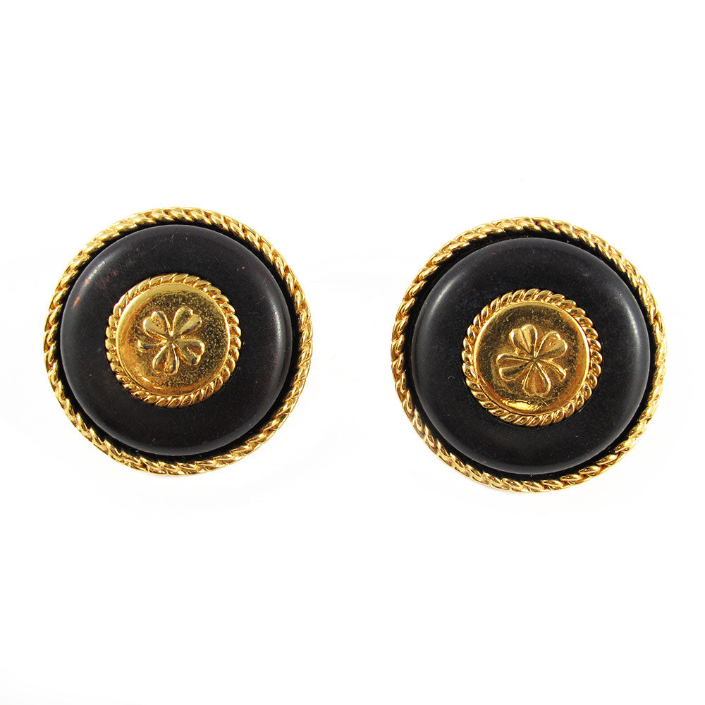 Vintage Chanel Gold Tone & Black Stone Clover Earrings c. 1980