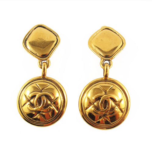 Vintage signed Chanel quilted logo drop earrings c. 1980's -(Clip-On Earrings)