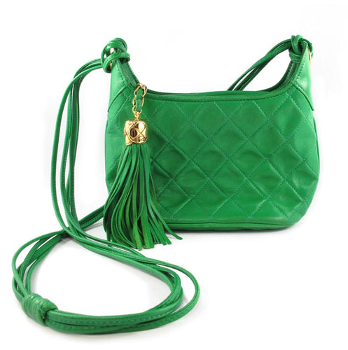 Vintage Chanel Quilterd Green Lambskin Shoulder Bag with Tassel c. 1970's