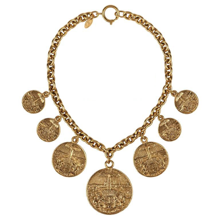 Chanel Vintage Gold Medallion Coat of Arms Crest Lion Necklace c. 1970