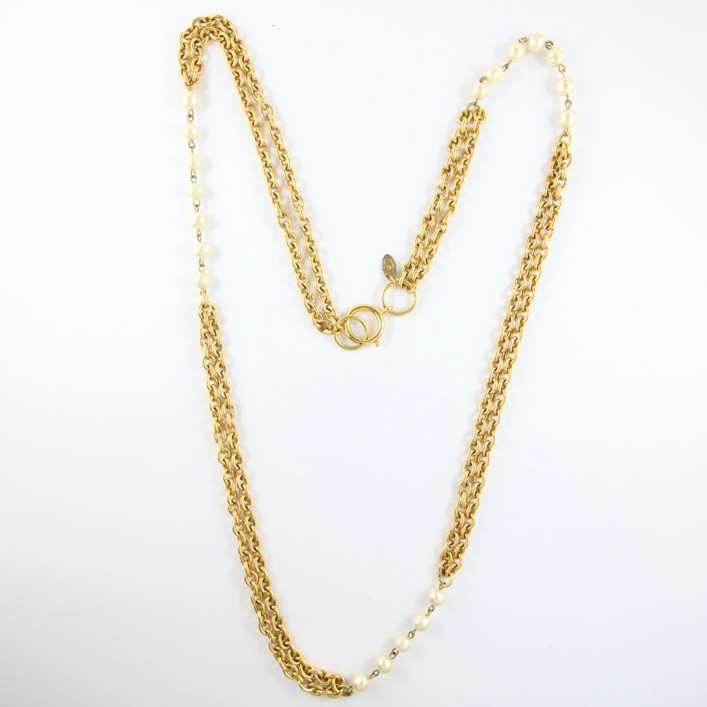 Vintage Signed Chanel Settoir Gold Plated Chain  Necklace With Faux Pearls