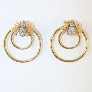 Ciner NY Gold Plated Bee Hoop Earrings With Clear Crystals