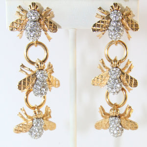 Ciner NY Gold Plated Bee Dangle Earrings With Clear Crystals