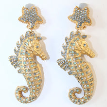 Load image into Gallery viewer, Signed Ciner NY Blue Crystal Seahorse Earrings