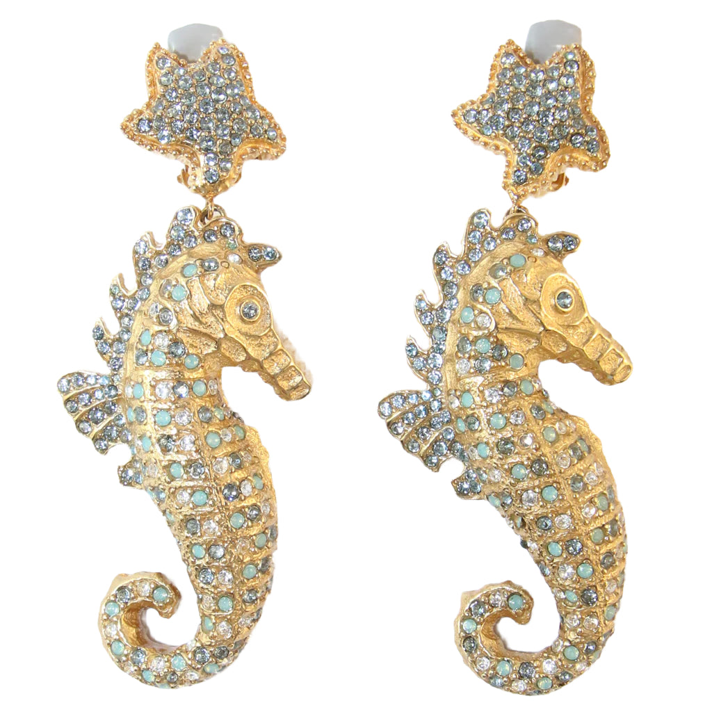 Signed Ciner NY Blue Crystal Seahorse Earrings