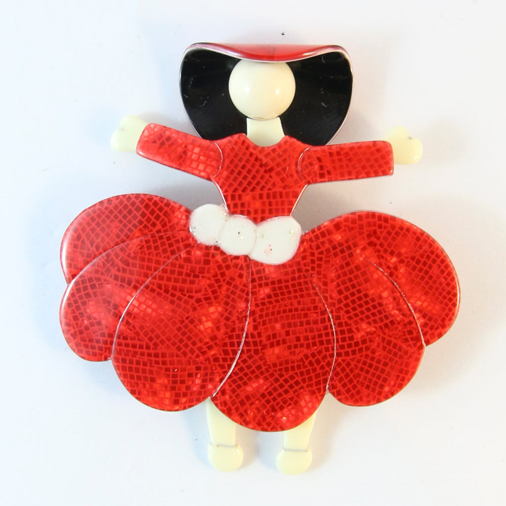 Lea Stein Ballerina Scarlett O' Hara Brooch - Red Snakeskin Design & Creme