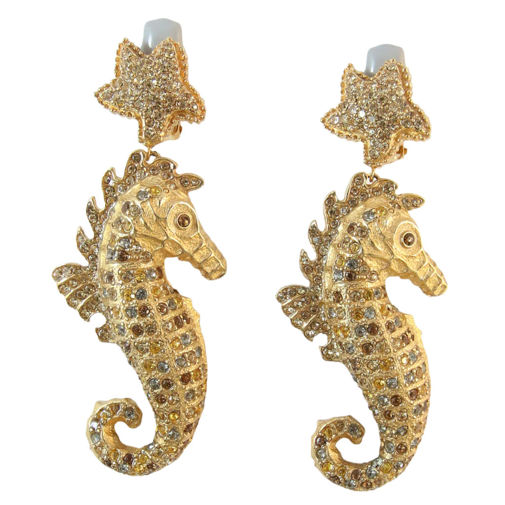 Signed Ciner NY Tan-Coloured Crystals Seahorse Earrings