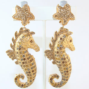 Signed Ciner NY Tan-Coloured Crystals Seahorse Earrings
