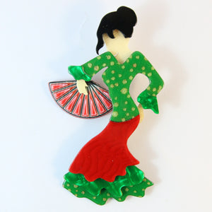 Lea Stein Signed Seville Flamenco Dancer Brooch Pin - Green, Red