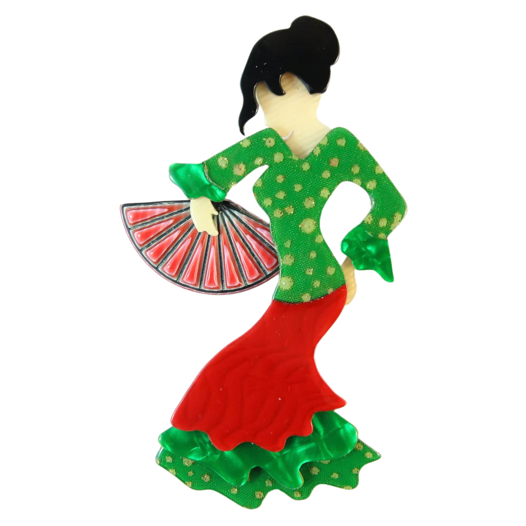 Lea Stein Signed Seville Flamenco Dancer Brooch Pin - Green, Red