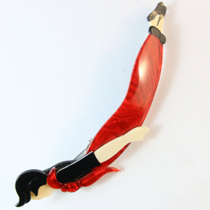 Lea Stein Signed Diving Lady Brooch - Red, Black, Creme