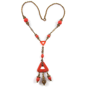 French Vintage Early Art Deco Faux Coral & Brass Lavalier Necklace c. 1930