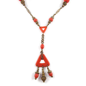 French Vintage Early Art Deco Faux Coral & Brass Lavalier Necklace c. 1930