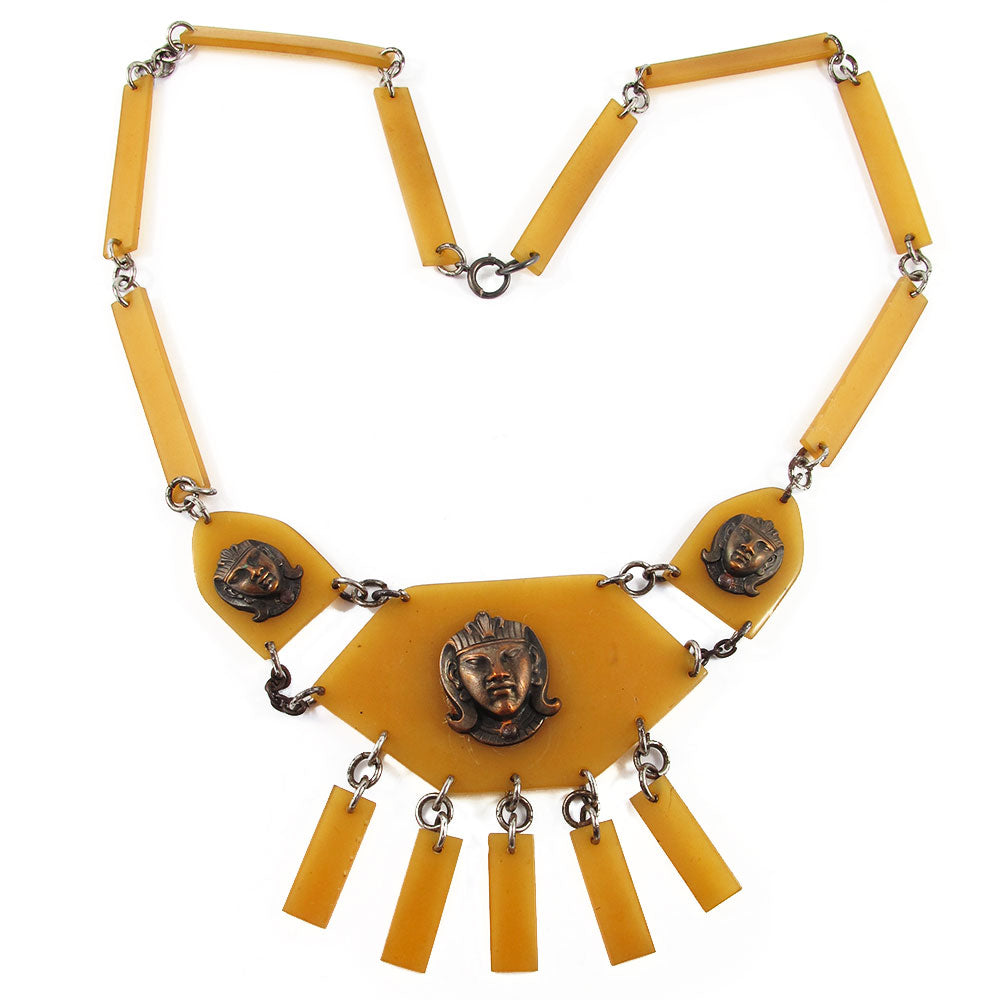 French Vintage Egyptian Revival Celluloid & Brass Necklace c. 1930's