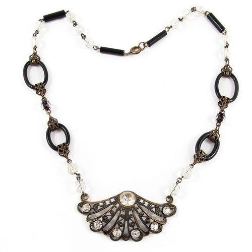 French Vintage Filigree Fan Motif Necklace with Crystal Beads c. 1940