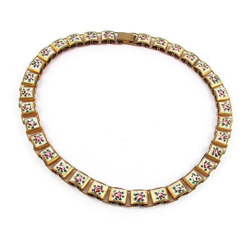 French Vintage Delicate Hand Enamelled Solid Brass Book Chain Necklace Necklace c. 1950's