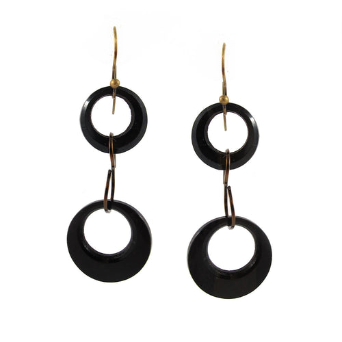 Vintage Black Glass Rings Hook Earrings c. 1960's