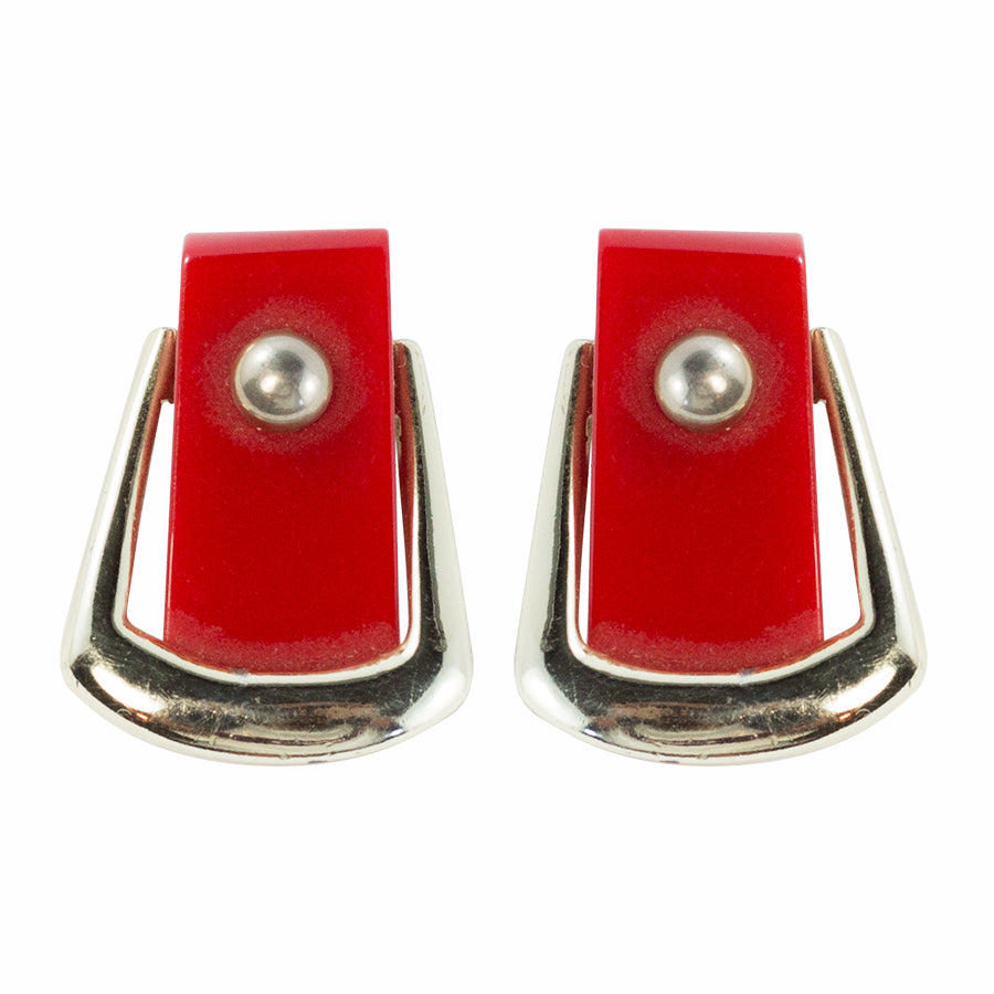 Vintage Buckle Design Red Coloured Bakelite and Metal Earrings c. 1950 - (Clip-On Earrings)