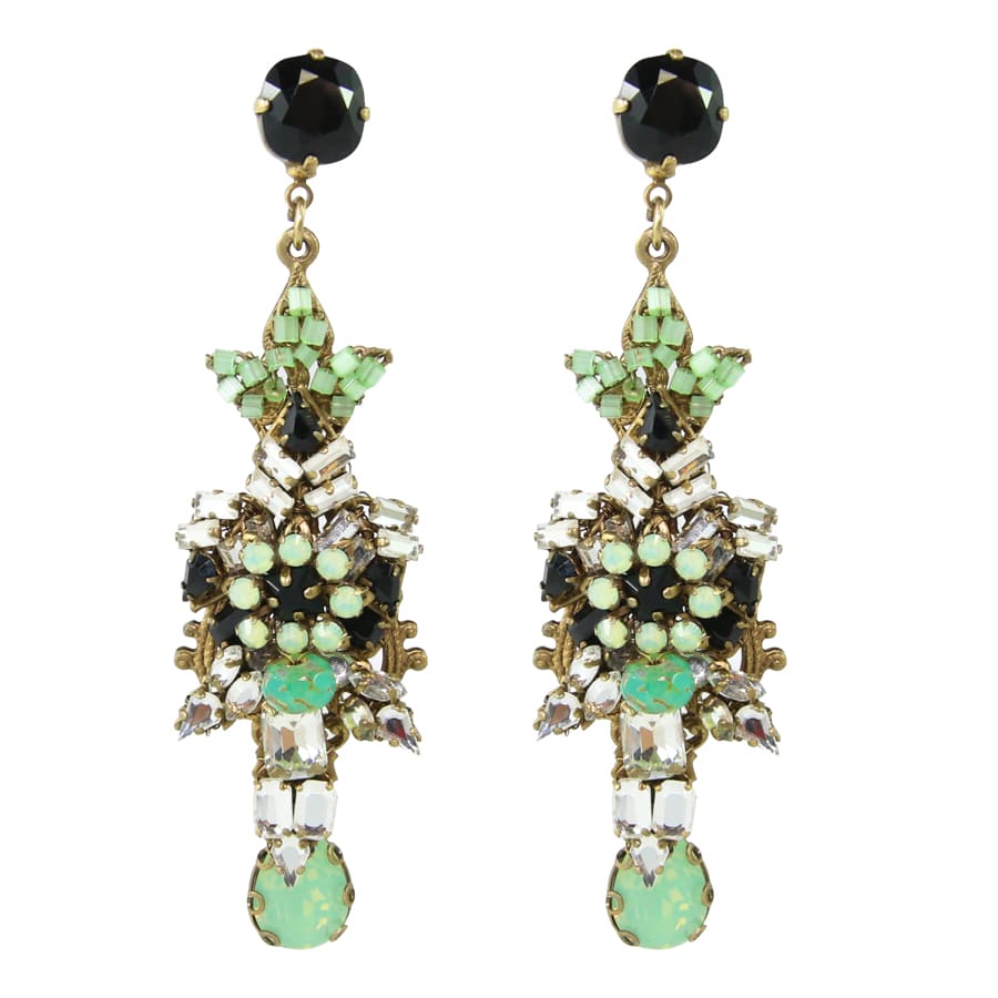 Bijoux Heart Signed Green, Black, Clear Glass Bead Intricate Drop Dangle Earrings (Pierced) - Harlequin Market