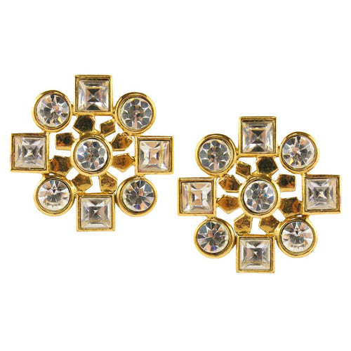 Christian Lacroix Unsigned Vintage 1980s Clear Crystal Gold Tone Earrings (Clip-on) - Harlequin Market