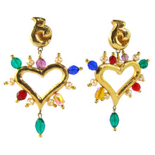 Load image into Gallery viewer, Christian Lacroix Vintage Signed Gold Tone Heart Earrings with Multi Coloured Glass Beads (Clip-on) - Harlequin Market