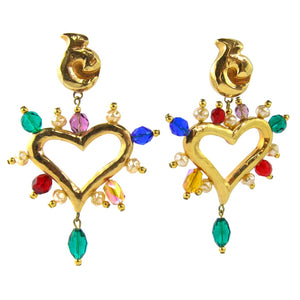 Christian Lacroix Vintage Signed Gold Tone Heart Earrings with Multi Coloured Glass Beads (Clip-on) - Harlequin Market