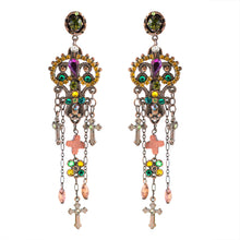 Load image into Gallery viewer, Vintage unsigned multi colour crystal and bead cross design drop earrings - (Pierced earrings)
