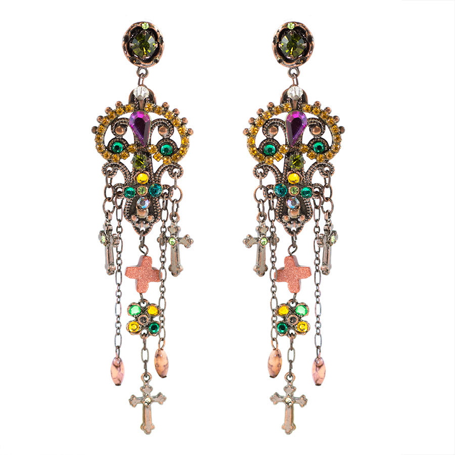 Vintage unsigned multi colour crystal and bead cross design drop earrings - (Pierced earrings)