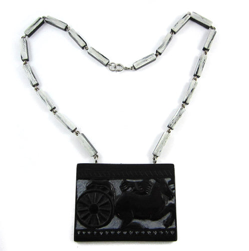 French Deco Necklace - Carved design of horse and carriage - 1940's