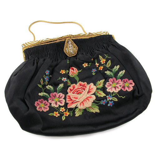Vintage French 1920's Hand Made, Embroidery Purse with Beaded Crystal Detail