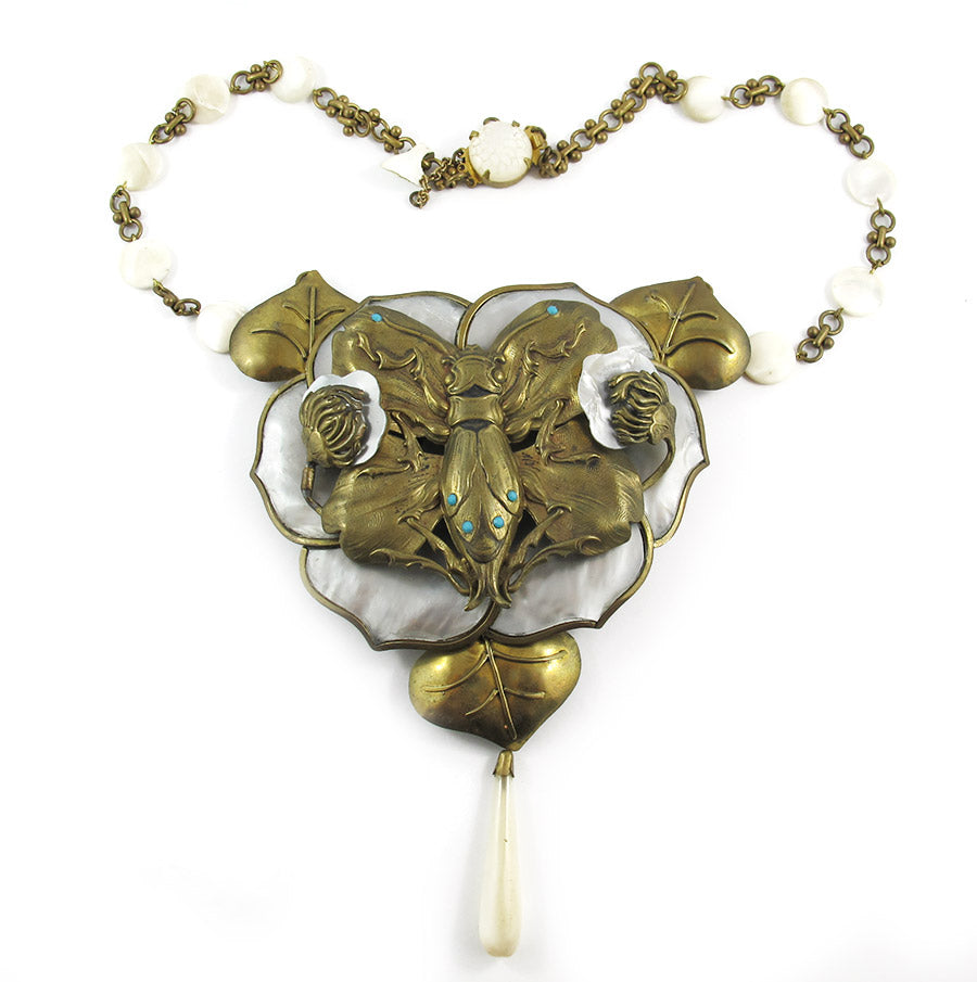 Extremely Rare Antique Art Nouveau Mother of Pearl-Brass Necklace c.1910