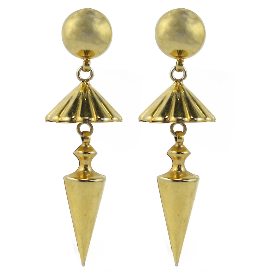 Vintage Gold Tone Drop Pyramid & Cone Earrings c. 1970's-( Clip-on Earrings)