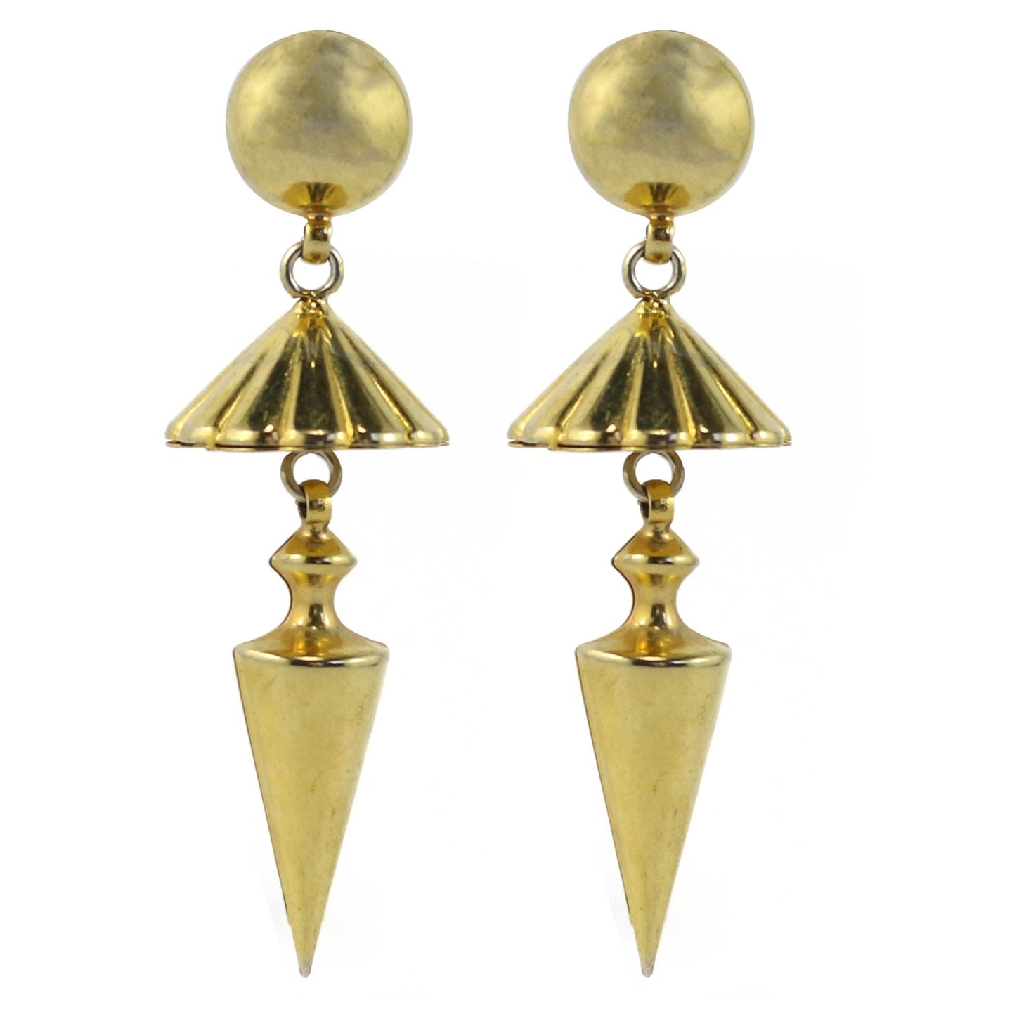 Vintage Gold Tone Drop Pyramid & Cone Earrings c. 1970's-( Clip-on Earrings)