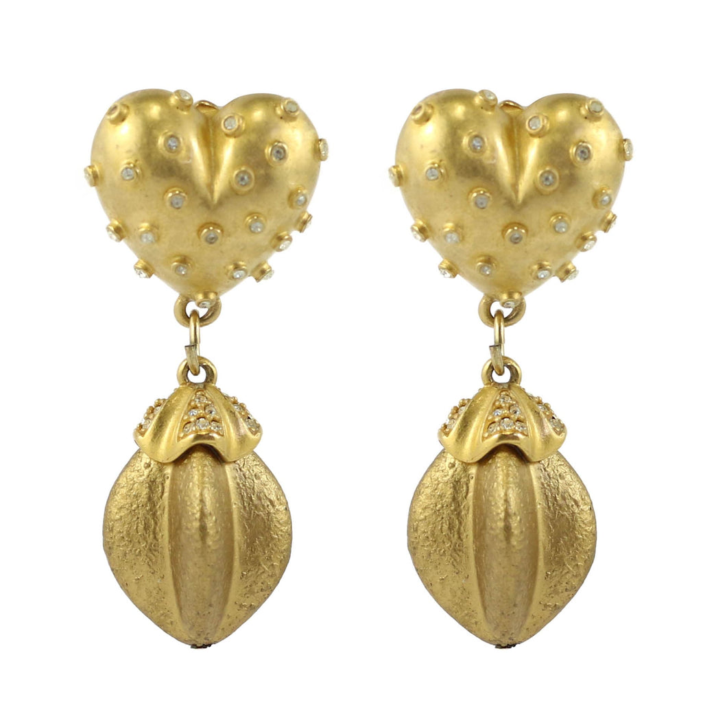 Vintage Gold Tone And Spotted Heart Crystal Drop Shaped Earrings c. 1980's-( Clip-on Earrings)