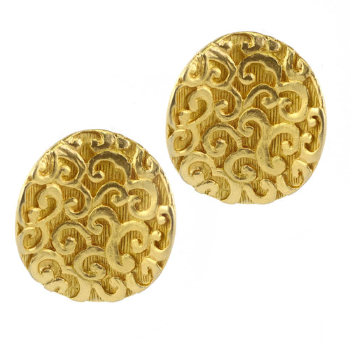 Vintage Embroidered Swirl Disc Matte Gold Tone Earrings c.1980s (Clip-On Earrings)