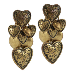 Vintage Multi Heart Brass Tone and Printed Drop Earrings c. 1970's-( Clip-on Earrings)